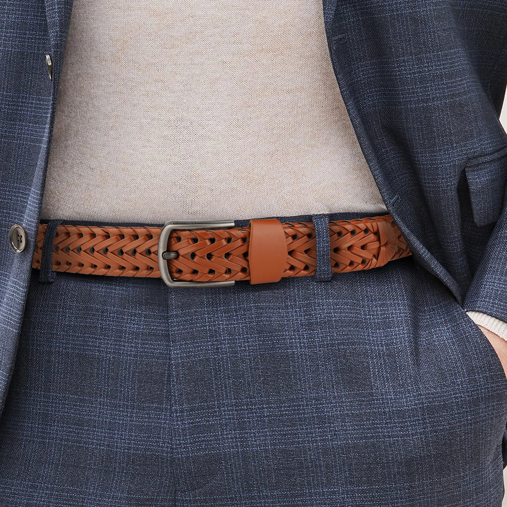 Men's black braided leather belt，silver pin buckle，comfortable wearing