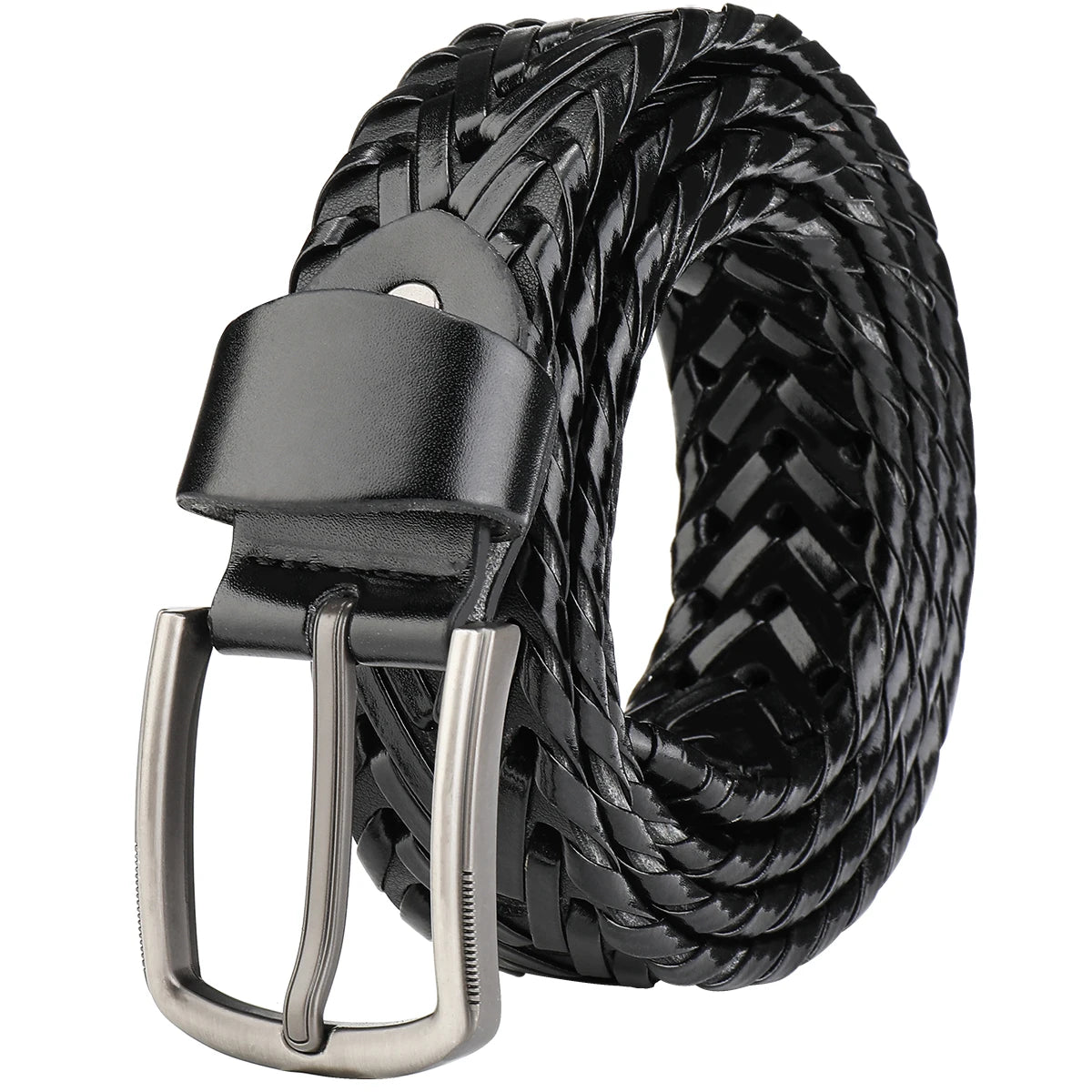 Men's black braided leather belt，silver pin buckle，comfortable wearing