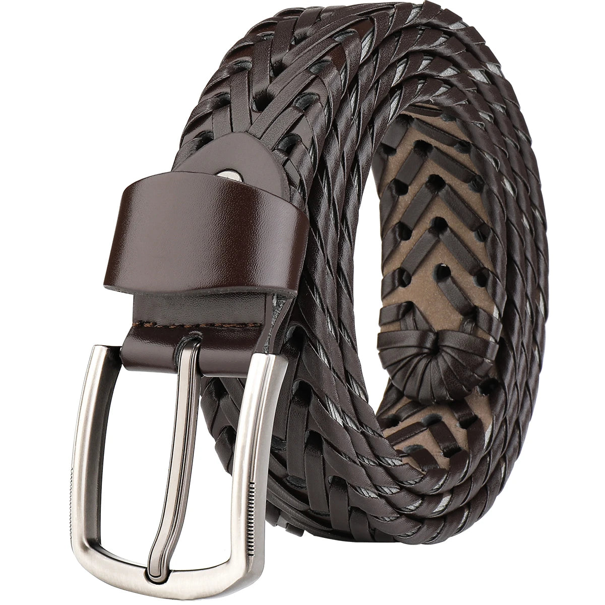Men's black braided leather belt，silver pin buckle，comfortable wearing
