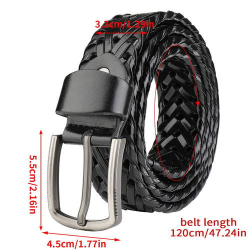 Men's black braided leather belt，silver pin buckle，comfortable wearing